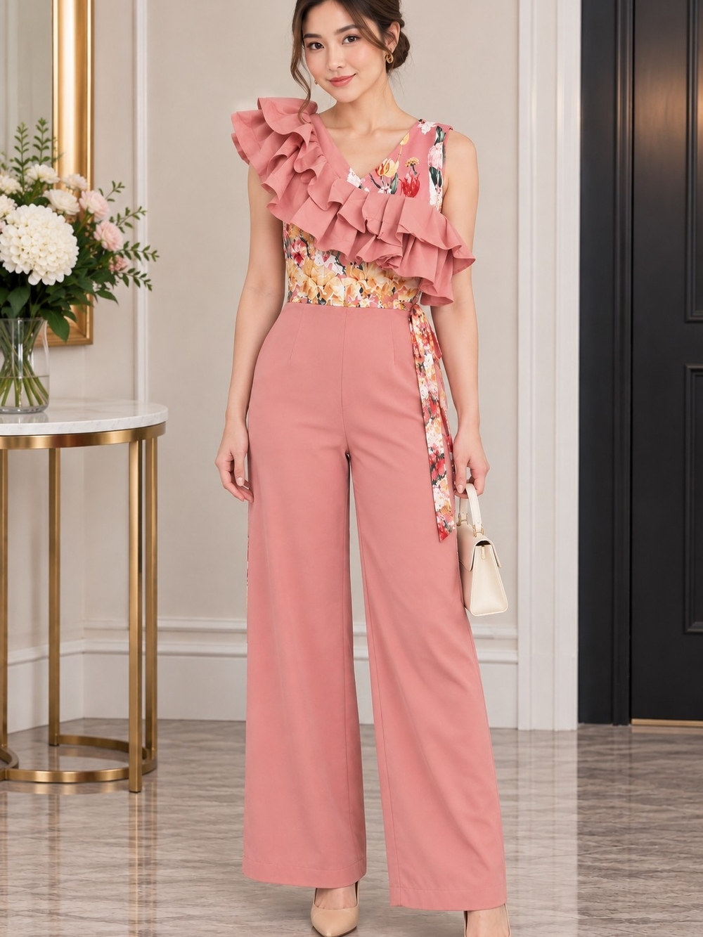 One-Shoulder Ruffle Floral Panel Pink Jumpsuit